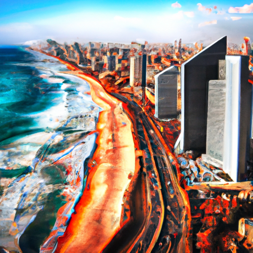 3. A vibrant picture showcasing the hustle and bustle of Tel Aviv cityscape juxtaposed against the serene coastline.