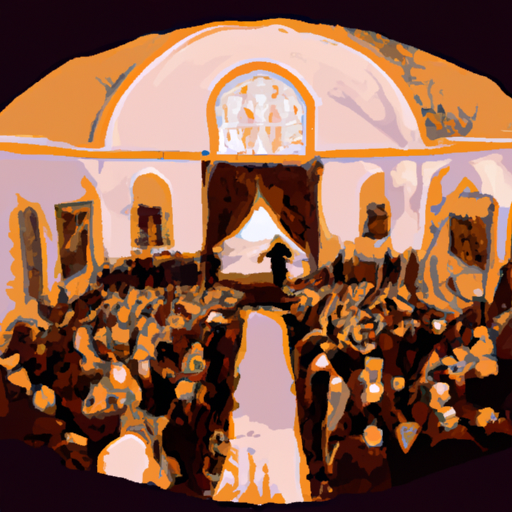 איור של אולם אירועים שוקק בירושלים, מלא באנשים נהנים מחתונה.