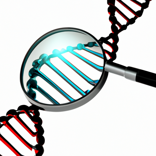 A magnifying glass over a DNA strand illustrating the search for cures in genetic research