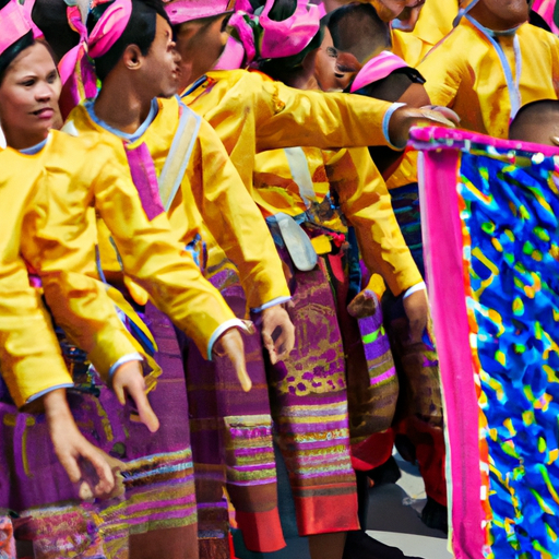 9. תמונה תוססת של פסטיבל תאילנדי עם מקומיים בתלבושות מסורתיות צבעוניות וקישוטים משוכללים.