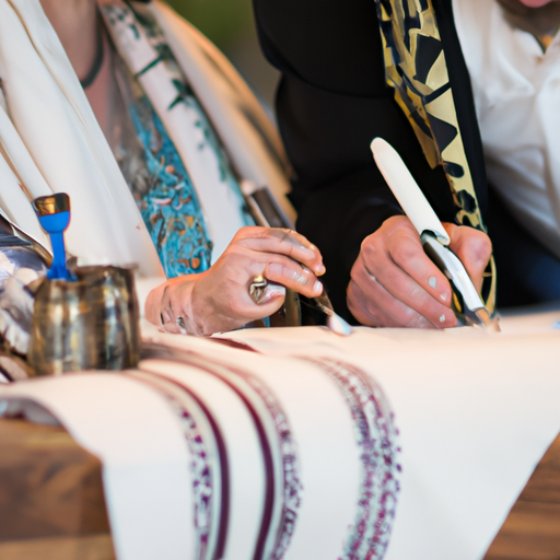 A picture of a couple personalizing their Ketubah with a calligrapher.